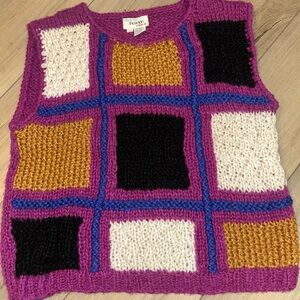 Vintage Hand knit Sweater Vest Women L Purple Granny Square Patchwork Chunky